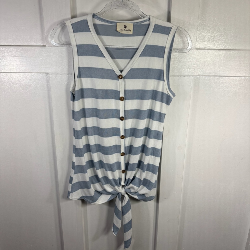 Betsys Boutique Shop Striped Sleeveless V Neck Button‎ Front Tie Small Tank Top